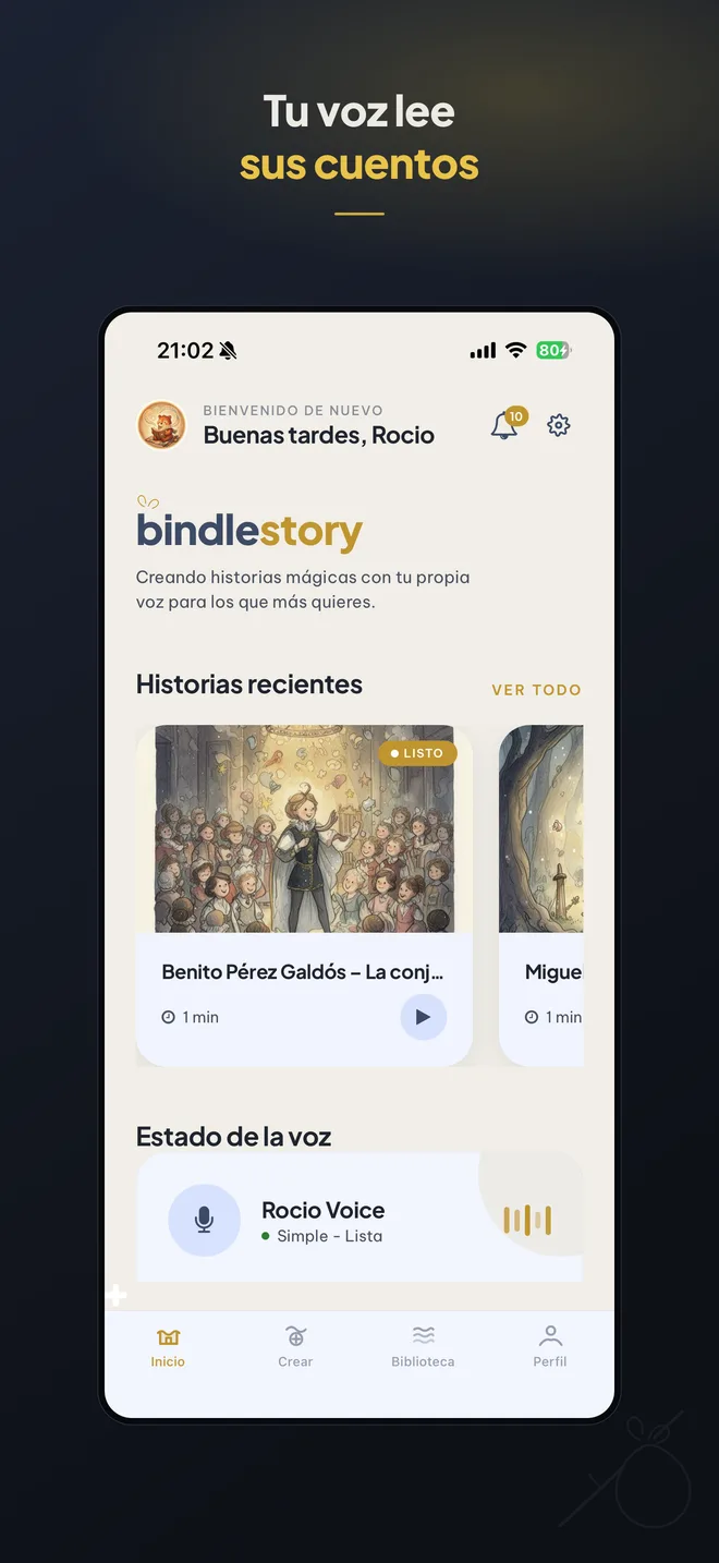 La pantalla de inicio de Bindlestory: cuentos recientes y el estado de tu voz